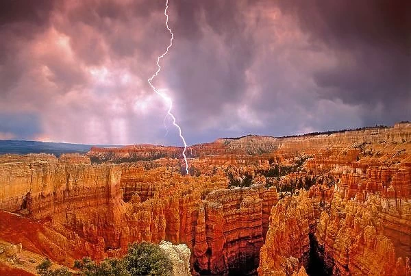 USA, Utah, Bryce Canyon National Park. Lightning storm over the hoodoos from Sunset Point