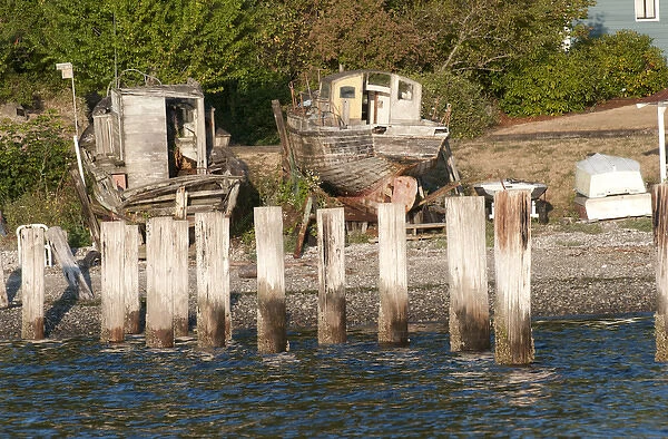 USA, WA, Puget Sound. Absent pier and derelict boats on Port Orchard Narrows