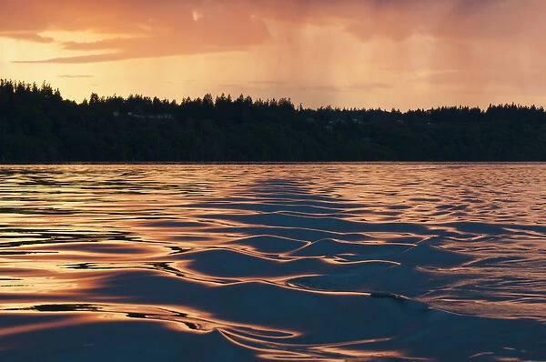 USA, WA, Puget Sound. Sunset reflected off boat wake on calm waters