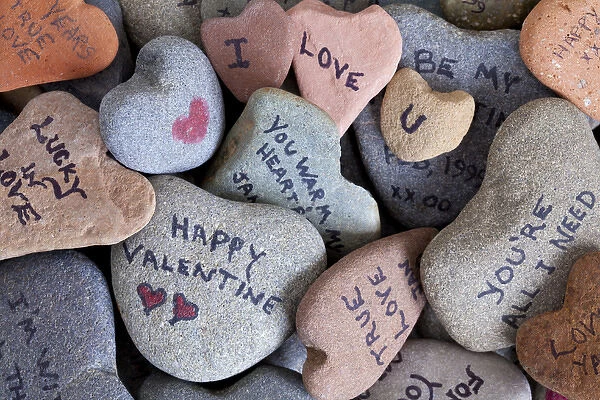 USA, Washington. Close-up of Heart Rock collection with Valentine sayings. Credit as