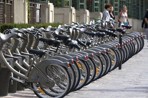 Velib public bicycle rentals near Les Halles in Paris, France