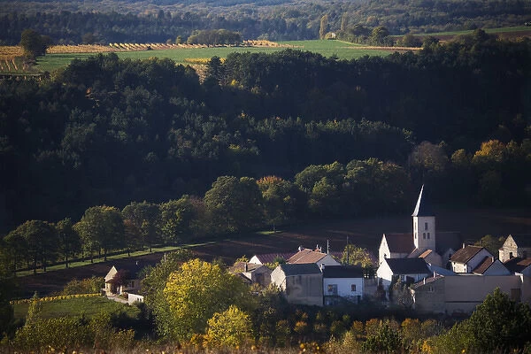 Village in Haute Cote de Beaune, vineyards in autumn, Cote d Or, Burgundy, France
