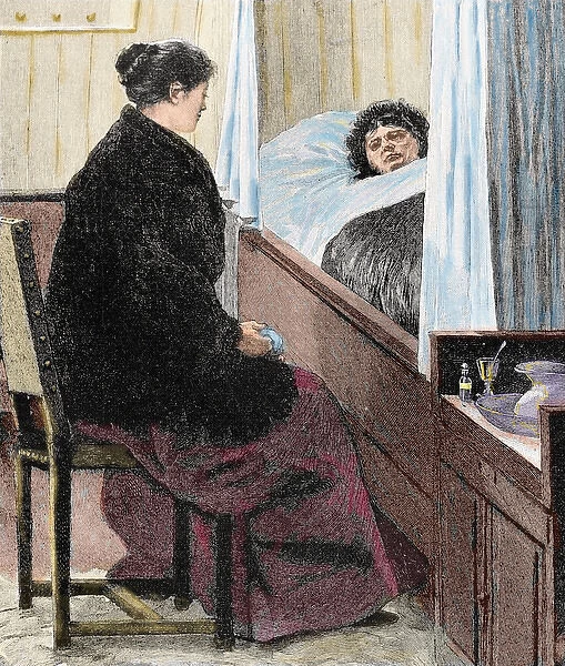 Visiting a sick woman. Colored engraving of The Artistic Illustration, 1892