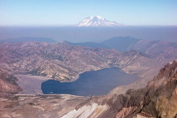 Washington. Spirit Lake and Mount Rainier seen from Mount Saint Helens summit
