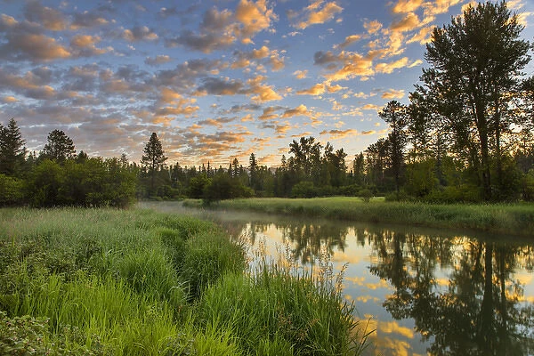 The Whitefish River with nice sunrise clouds reflectng in Whitefish, Montana, USA