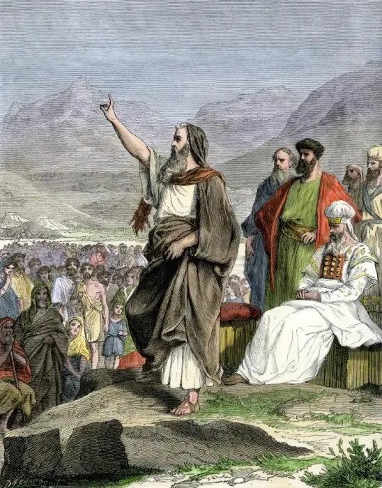 Framed Print : Hand-colored woodcut print of Moses reciting the Ten Commandments