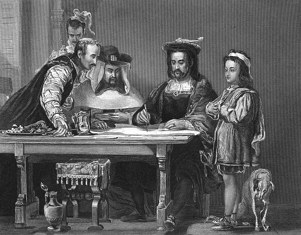 (1451-1509). Italian navigator. Columbus explaining his planned voyage in search of a sea route to Asia while staying at the monastery of La Rabida, 1490. Steel engraving, 19th century, after a painting, 1834, by Sir David Wilkie