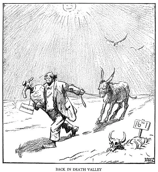 (1860-1925). American lawyer amd political leader. Back in Death Valley. Cartoon by Rollin Kirby from The New York World, 24 June 1920, on Bryans journey to the Democratic National Convention at San Francisco, California