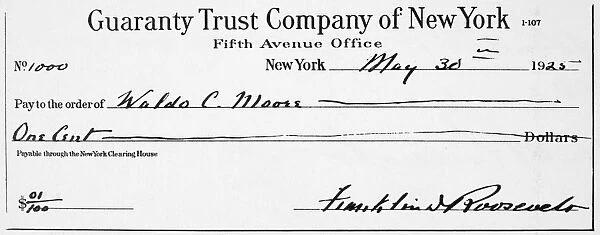A 1925 check for one cent filled out and signed by Franklin Delano Roosevelt