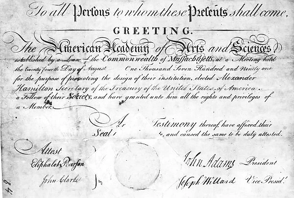 ACADEMY OF ARTS & SCIENCES. Certificate of Alexander Hamiltons election to the