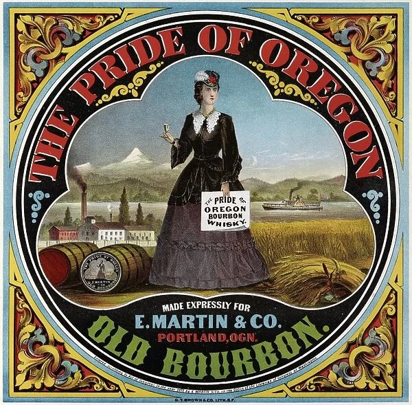 AD: BOURBON, 1871. Advertisement for The Pride of Oregon Old Bourbon. Lithograph, 1871