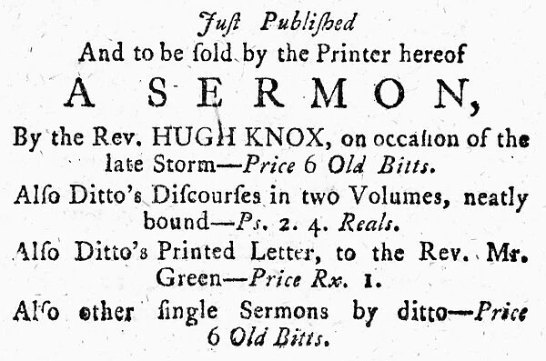 ADVERTISEMENT: SERMONS, 1772. Advertisement for published sermons and other writings