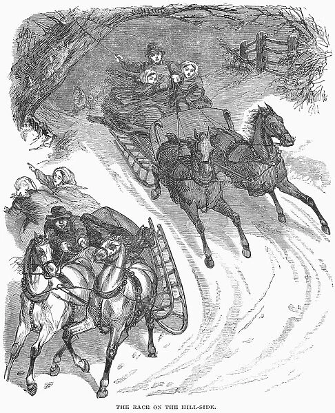AMERICA: SLEIGHING, 1858. The race on the hill-side. Wood engraving, 1858