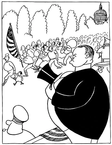 American cartoon, 1932, by Otto Soglow showing President Herbert Hoover watching the Bonus March of World War I veterans at Washington, July 1932