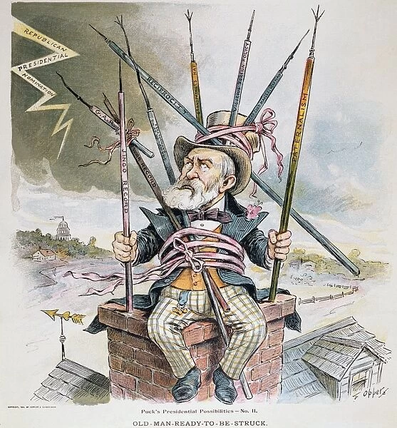 American cartoon by Frederick Burr Opper, 1894, of Benjamin Harrison, wearing the beaver hat of grandfather William Henry Harrison, waiting for presidential lightning to strike