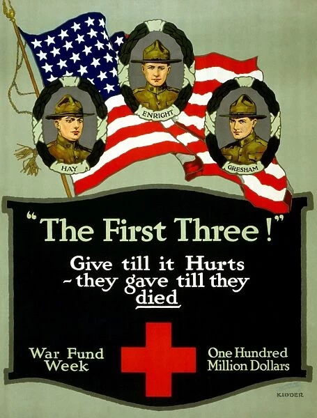 American Red Cross fundraising poster with three portraits of the first soldiers killed during World War I: Merle David Hay, Thomas Enright and James Bethel Gresham. Lithograph, 1917