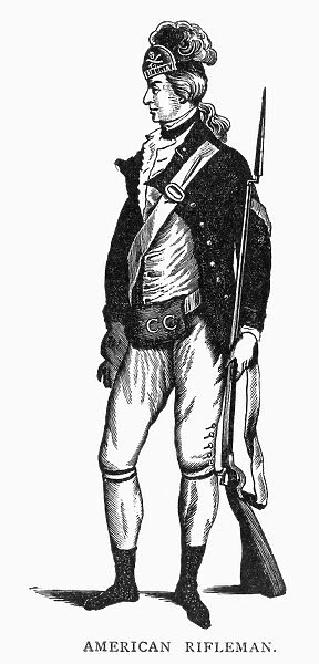 An American rifleman from the Revolutionary War. Line engraving from Barnards History of England, late 18th century