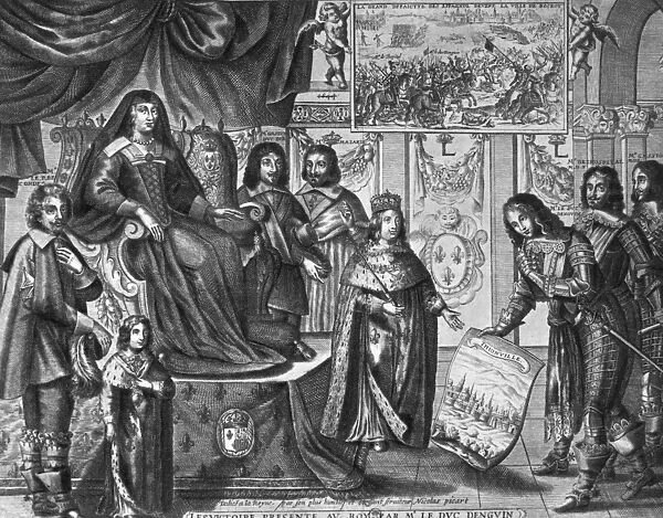 ANNE OF AUSTRIA (1601-1666). Queen and Queen regent (1643-61) of France. Anne at the beginning of her regency, 1643; Cardinal Mazarin stands closest to the young king Louis XIV. Contemporary engraving by Nicolas Picart