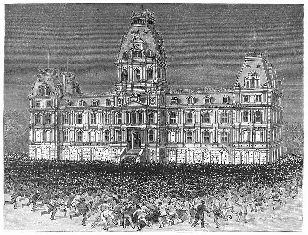 ANTI-VACCINATION RIOT, 1885. After a devastating smallpox epidemic, French-Canadian adversaries of vaccination attack City Hall in Montreal, Canada, 1885. Wood engraving from a contemporary American newspaper