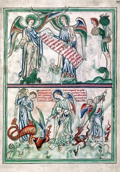 APOCALYPSE. Two angels with scroll (top); defeat of dragon (bottom); (Rev. 12: 7-12)