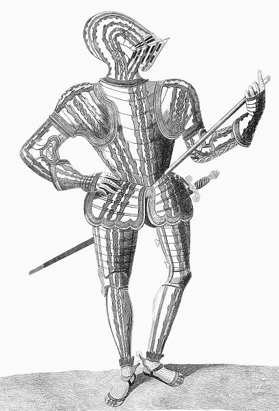 ARMOR, 16TH CENTURY. Robert Dudley, Earl of Leicester (1532-1588), clad for jousting in the tiltyard. Line engraving from Thomas Pennants Some Acccount of London, second edition, 1791