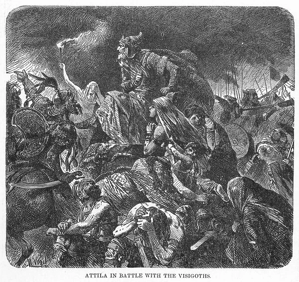 ATTILA AND HIS HUNS in battle with the Visigoths in Gaul in 451 A. D. ; drawing by H
