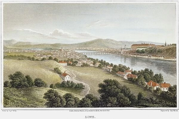 AUSTRIA: LINZ, 1822. A view of Linz, Austria, on the Danube River. Line engraving, English, 1822, after a drawing by Robert Batty