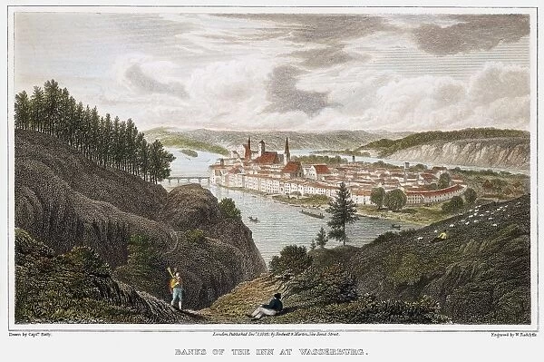AUSTRIA: WASSERBURG, 1822. Banks of the Inn at Wasserburg, Austria: steel engraving, 1822, after Robert Batty