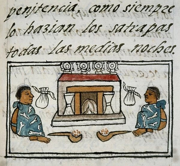 AZTEC ALTAR. Two Aztec men seated before an altar. Drawing from the Codex Florentino