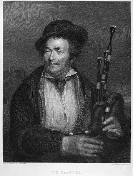 THE BAGPIPER. Steel engraving after a painting by Sir David Wilkie, c1813