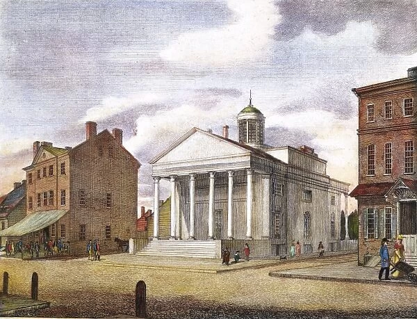 BANK OF PENNSYLVANIA, 1800. The City Tavern (left) and the Bank of Pennsylvania, South Second Street, Philadelphia: colored line engraving, 1800, by William Birch & Son