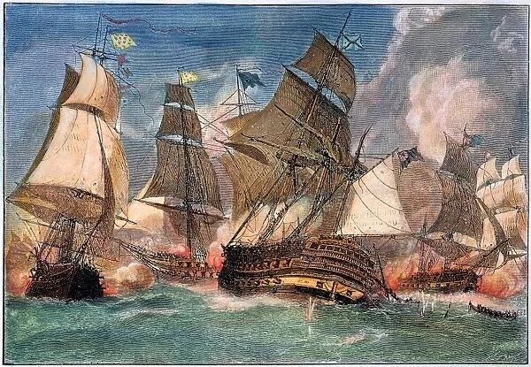 Battle between the French and English fleets, 5-10 September 1781. Wood engraving, American, 1881