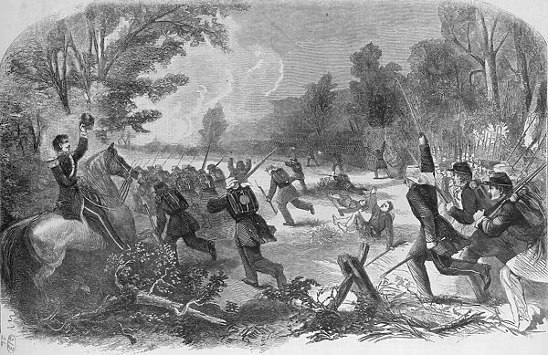 BATTLE OF RICH MOUNTAIN. Union troops charging during the Battle of Rich Mountain, West Virginia, on 11 July 1861 during the American Civil War. Engraving by William John Hennessy, 1861