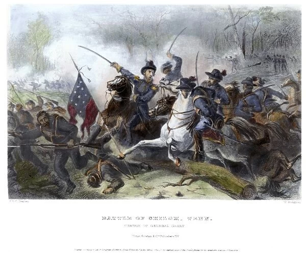 BATTLE OF SHILOH, 1862. General Ulysses S. Grant leading Union forces at the Battle of Shiloh in Tennessee during the American Civil War, 6-7 April 1862. Steel engraving, 1863, after Felix O. C. Darley