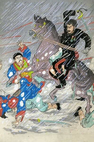 A battle during the Sino Japanese War between Chinese soldiers and Japanese General Major Odera on horseback in a snowstorm at Weihaiwei Bay, resulting in Oderas death. Center panel of a triptych, color woodcut by Kokunimasa Utagawa, c1895