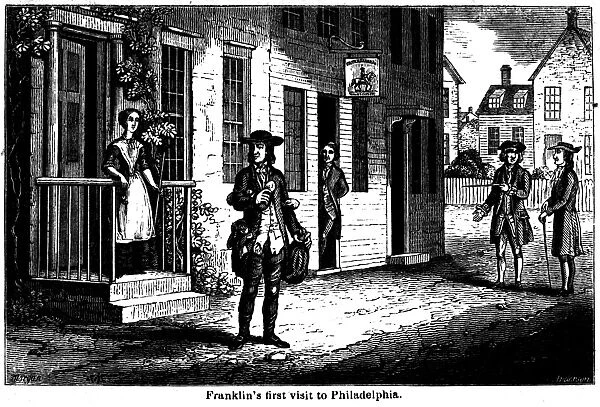 BENJAMIN FRANKLIN (1706-1790). American printer, publisher, scientist, inventor, statesman and diplomat. Franklin passing by Deborah Reads door during his first visit to Philadelphia in 1723. Wood engraving, American, 1848