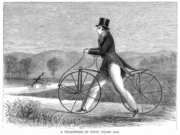 BICYCLING, 1819. The Draisine, or Pedestrian Curricle, invented by Karl von Drais de Sauerbrun in 1816 and introduced into the United States in 1819. Wood engraving, 1869