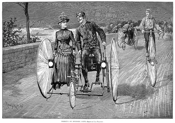 BICYCLING, 1886. A romantic ride along Riverside Drive in New York City. American line engraving after Thure de Thulstrup, 1886