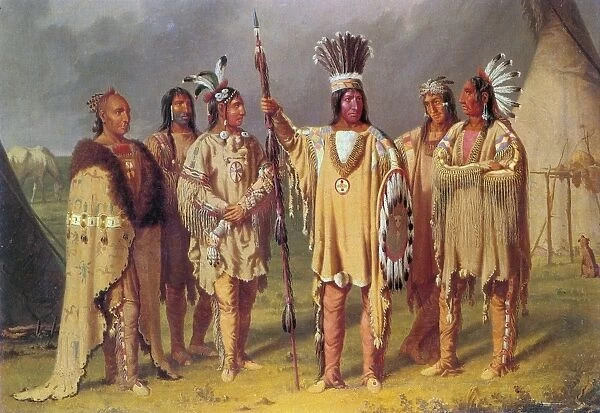 BLACKFOOT CHIEFS, c1848. The Blackfoot chief Big Snake (center) with five subordinate