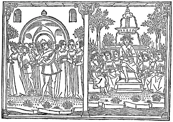 BOCCACCIOs DECAMERON. The Procession to the Garden (left panel) and the Narrators of the Tale