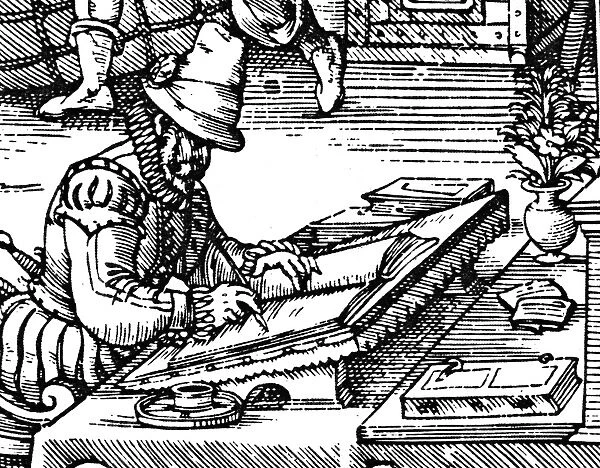 BOOKKEEPER, 1585. A German merchants bookkeeper performing double-entry bookkeeping