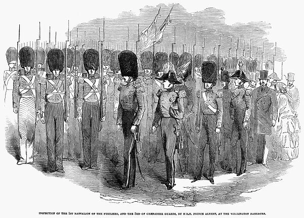 BRITAIN: FUSILIERS, 1854. Inspection of the 1st Battalion of the Fusiliers, and the 3rd of Grenadier Guards, by Prince Albert. Wood engraving, English, 1854