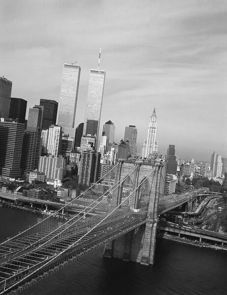 BROOKLYN BRIDGE, 1991. A view of the Brooklyn Bridge looking west towards Manhattan, New York