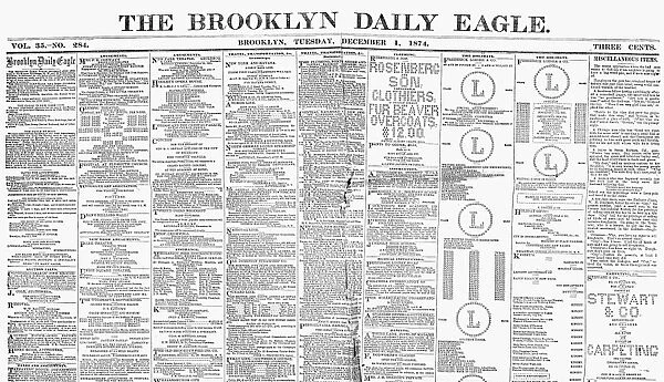 BROOKLYN DAILY EAGLE, 1874. Upper half of the front page of The Brooklyn Daily Eagle