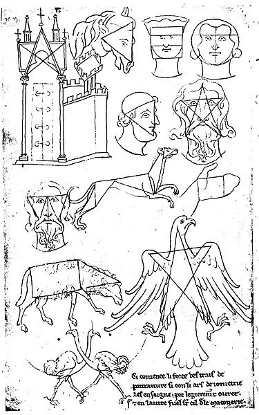 (c1225-c1250). French architect. A page from Villards sketchbook featuring some of his diagrammatic figures