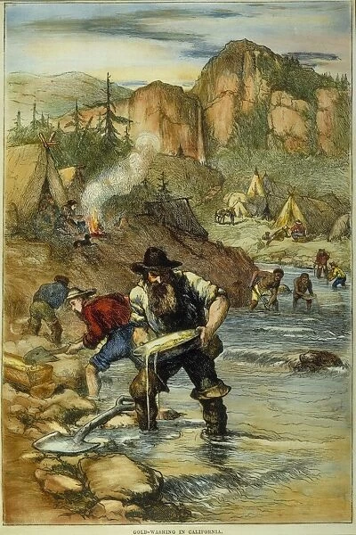 CALIFORNIA GOLD RUSH. Miners washing gold in California. Wood engraving, 19th century