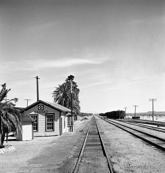 CALIFORNIA: RAILROAD, 1943. The railroad station in Bagdad, California on the Atchison