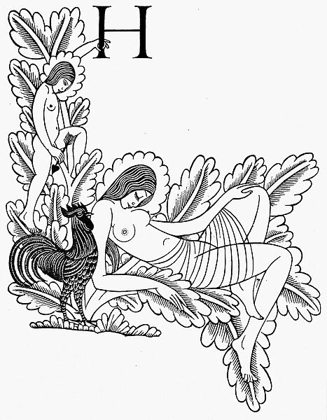CANTERBURY TALES. Venus and Cupid with a golden cockerel from The Cantebury Tales. Wood engraving by Eric Gill, 1928