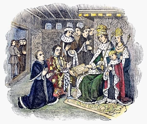 CAXTON AND WOODVILLE, 1477. Anthony Woodville, 2nd Earl Rivers, presenting his book and its printer, William Caxton, to King Edward IV of England in 1477. Wood engraving, 19th century, after a contemporary manuscript illumination