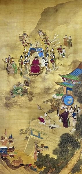 Ch ien Lung, Ch ing emperor of China (1736-1796), riding in a dragon-drawn celestial carriage as he receives Portuguese ambassadors, who are bearing gifts of tribute. Painted silk scroll, Ch ing Dynasty
